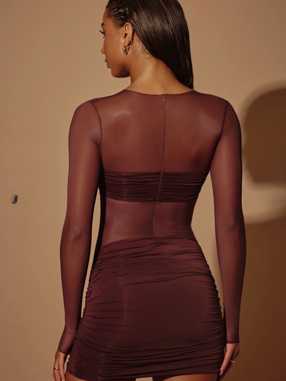 Oh Polly Sheer Long-Sleeve Ruched Mini Dress in Deep Brown - Picture 3 of 4